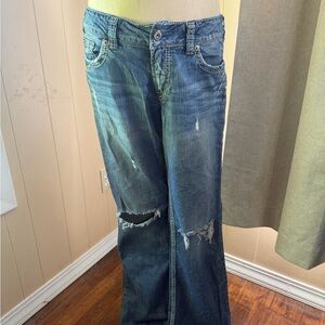 Silver Jeans Distressed Wide-Leg Denim in Blue